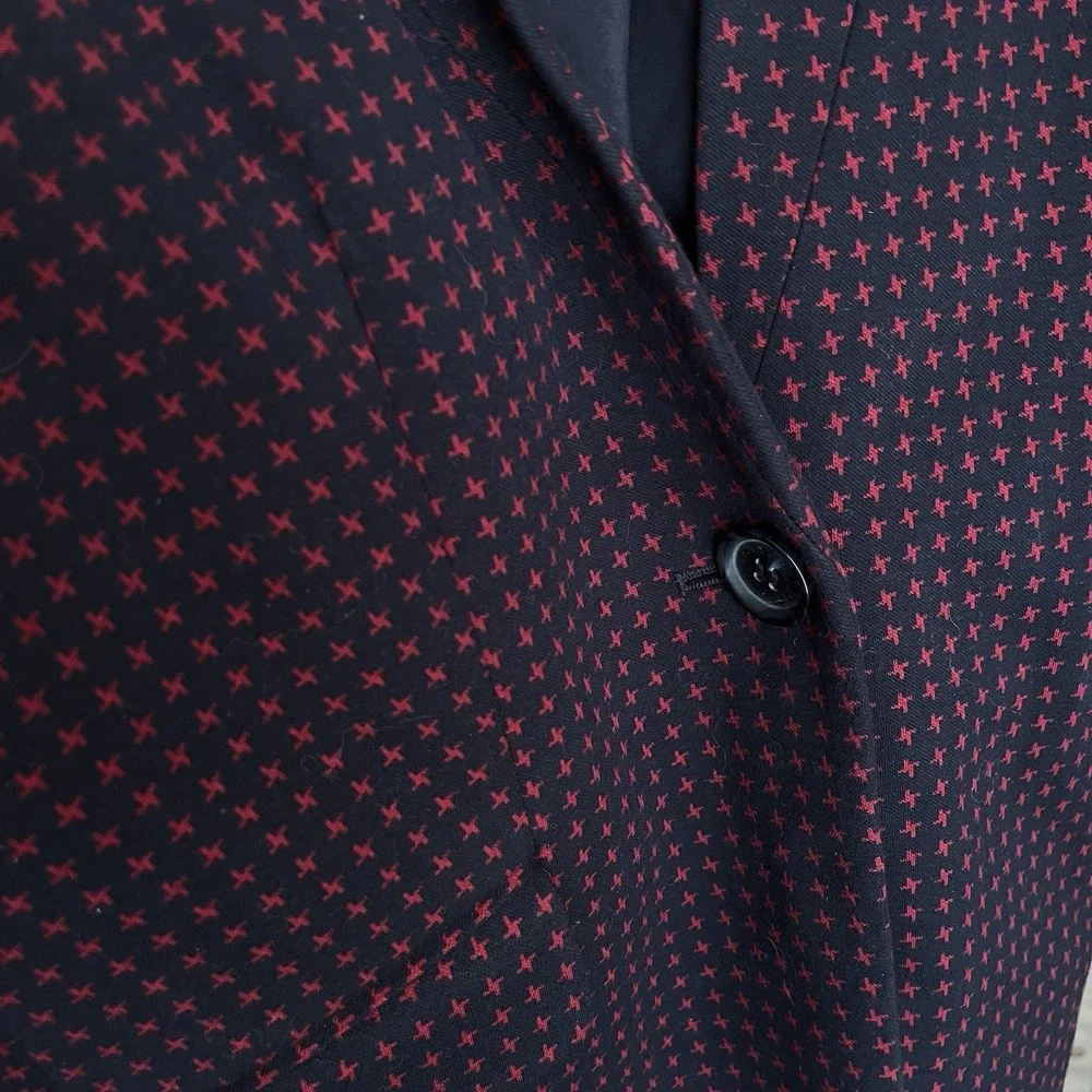 Talbots Aberdeen Knit 1 Button Blazer Jacket 14W‎ Navy Blue Red Mandarin Collar